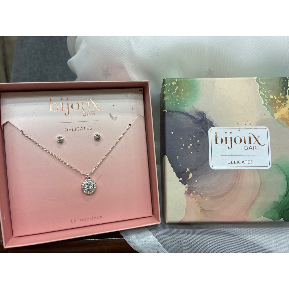 Bijoux Bar Delicates Silver Tone Halo Pendant Necklace and Stud Earring Set